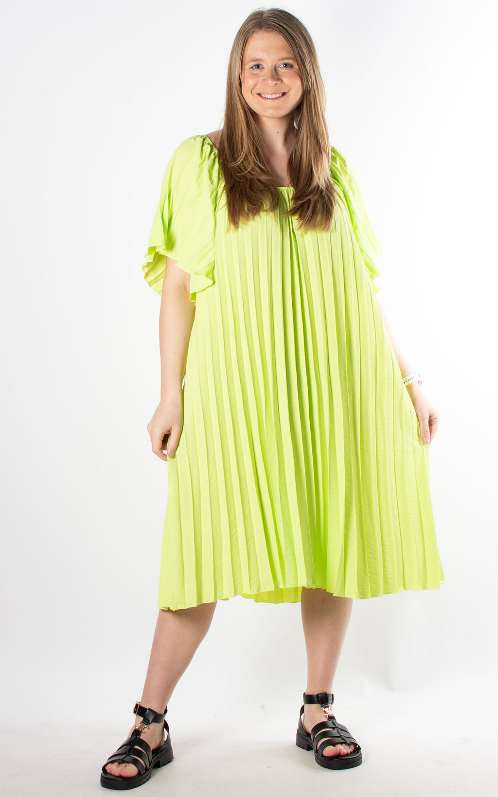 Pleated Bardot Dress | Lime
