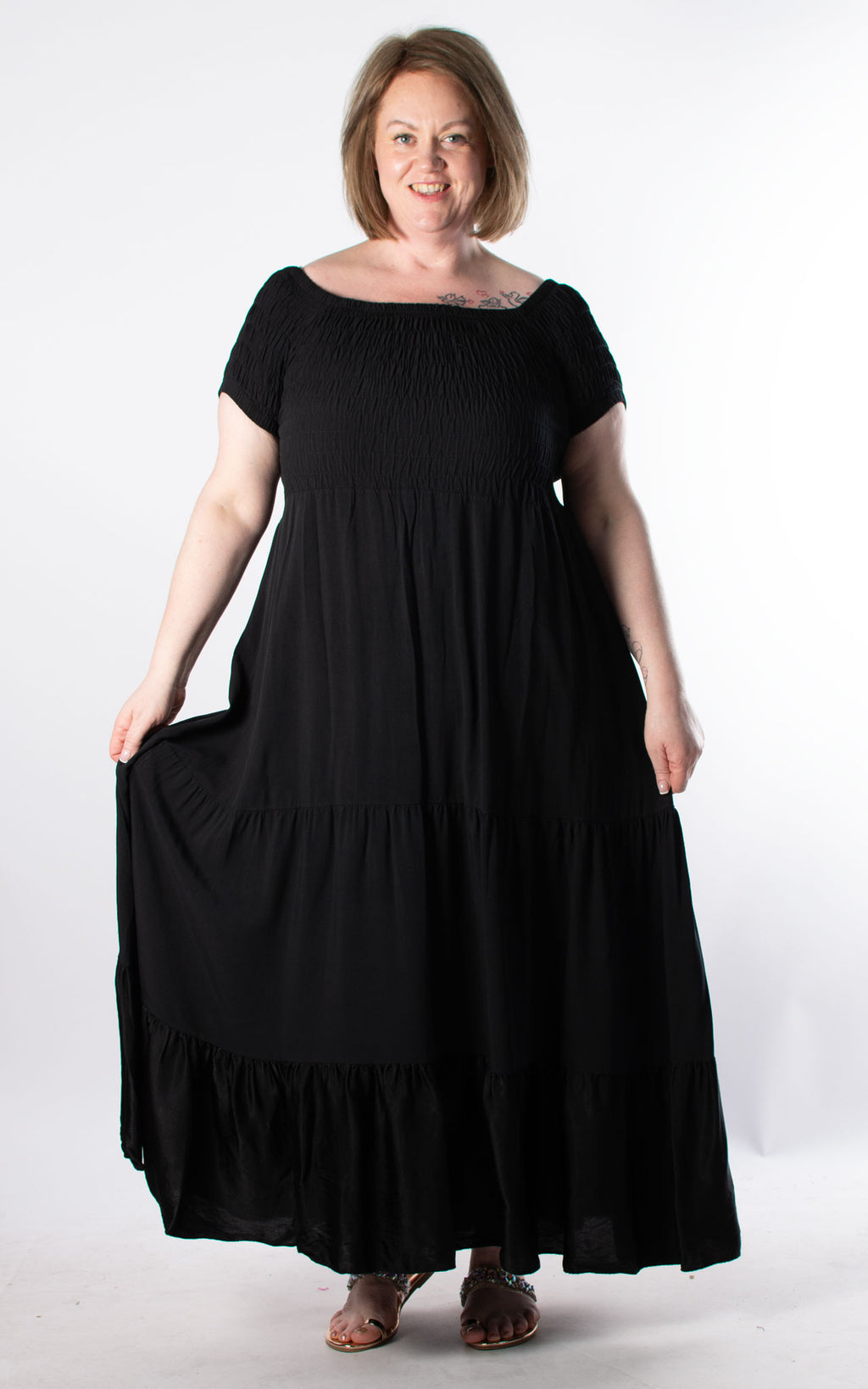 Silk Bottom Shirred Maxi Dress | Black