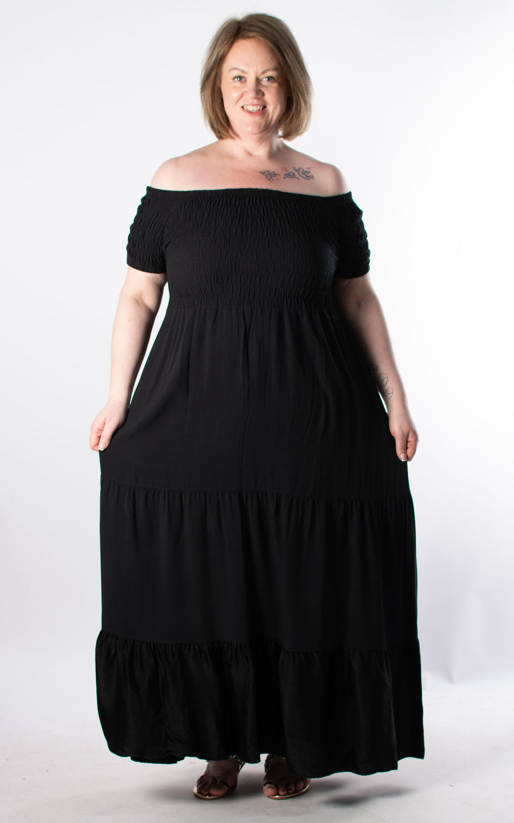 Silk Bottom Shirred Maxi Dress | Black
