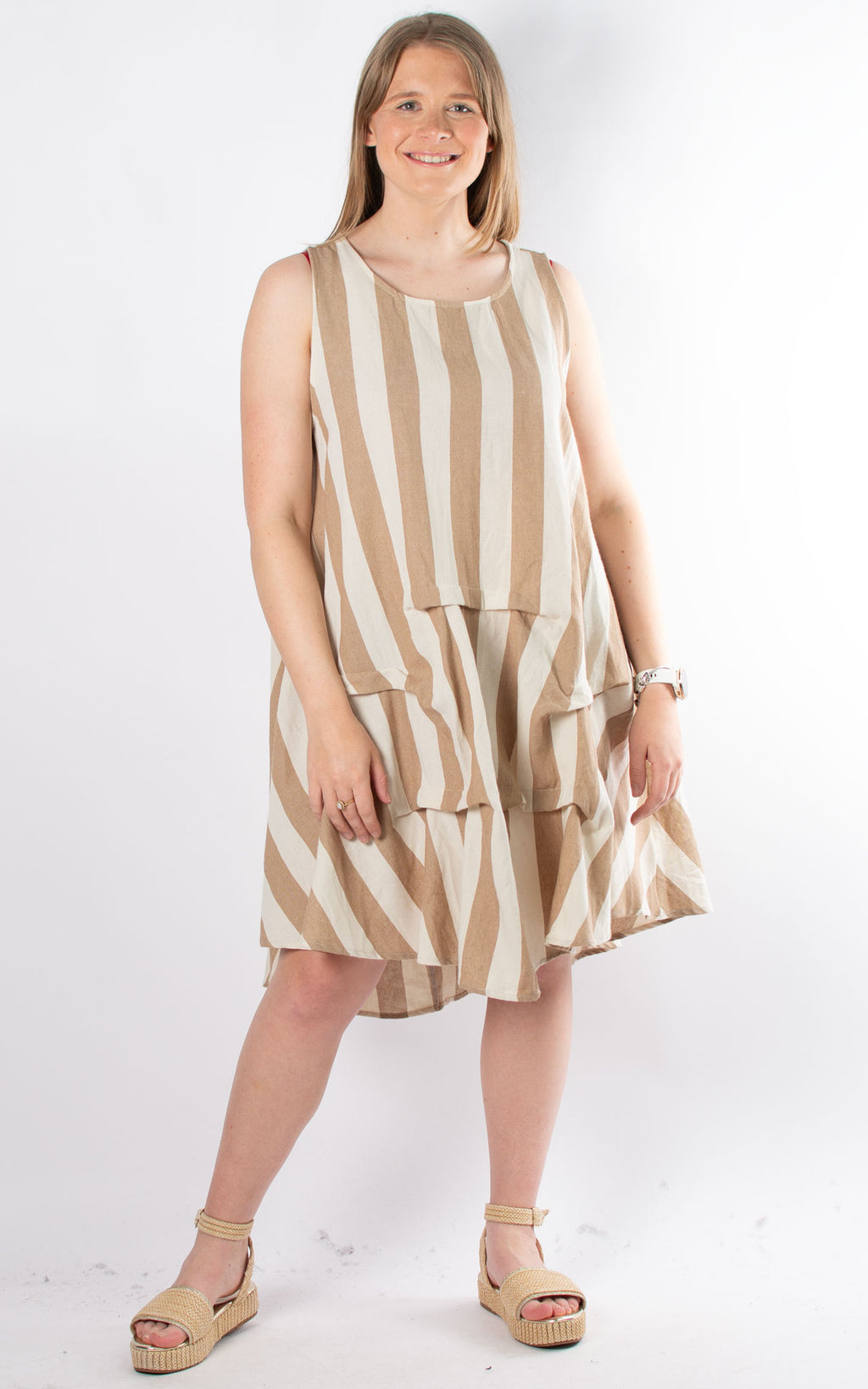 Sleeveless Stripe Dress | Camel