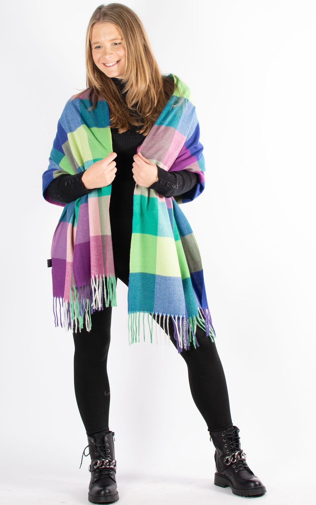 Winter Blanket Scarf | Squares | Purple, Cream & Green