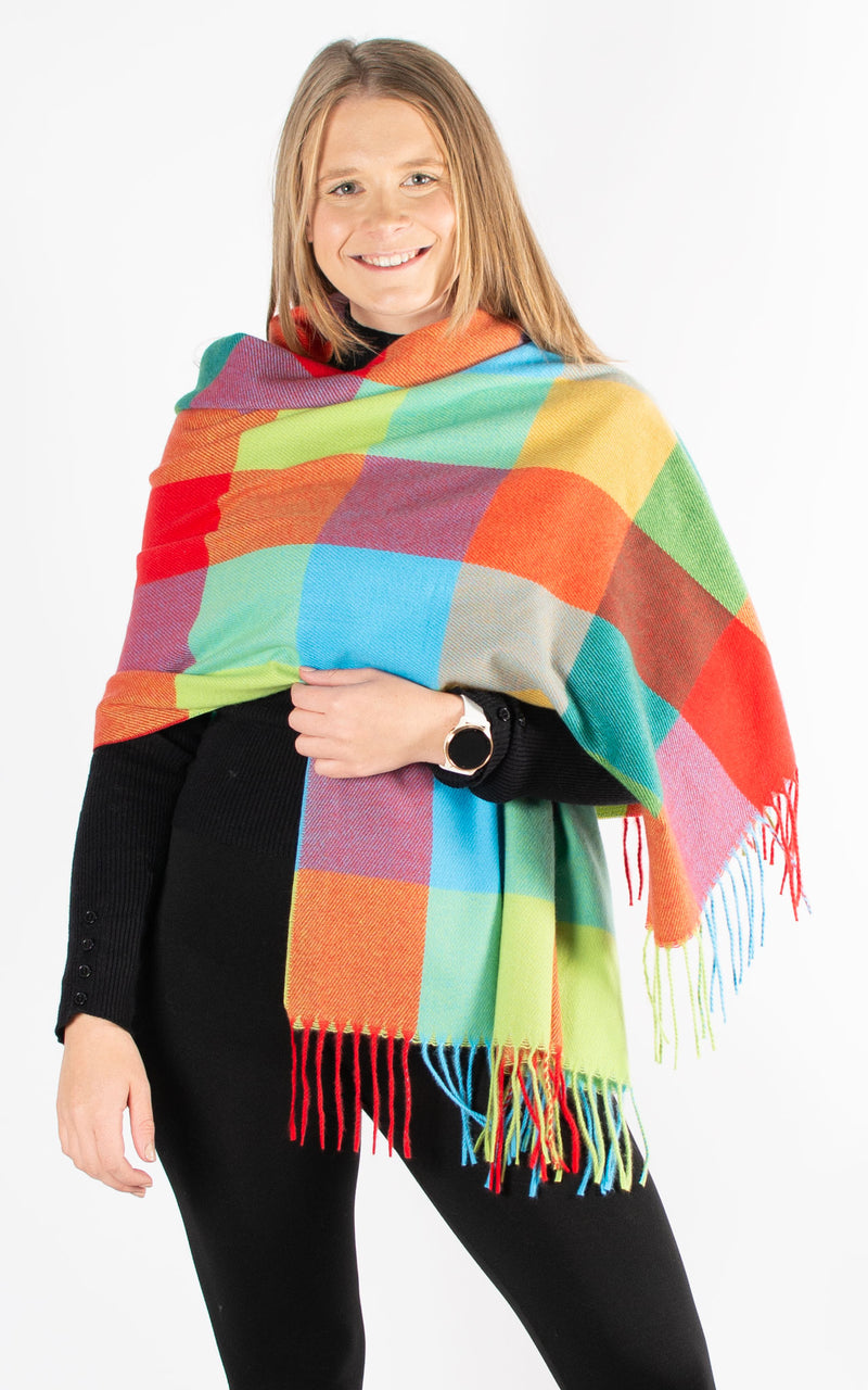 Winter Blanket Scarf | Squares | Red, Green & Blue